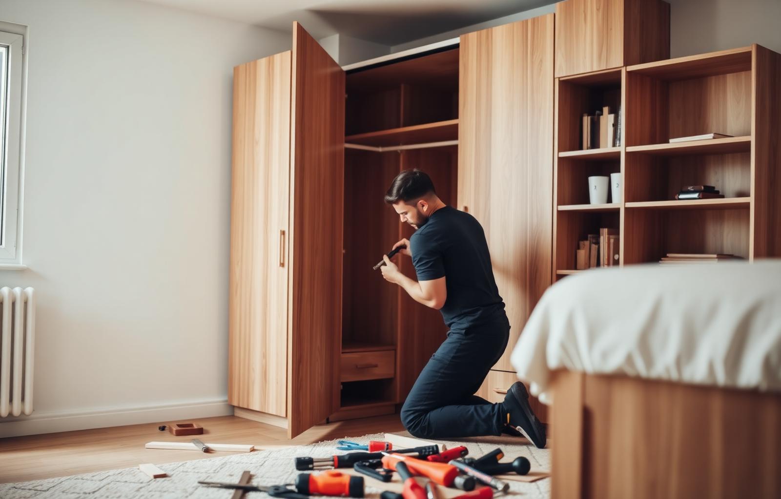Luciano Dias montando guarda-roupa em residência em Hortolândia